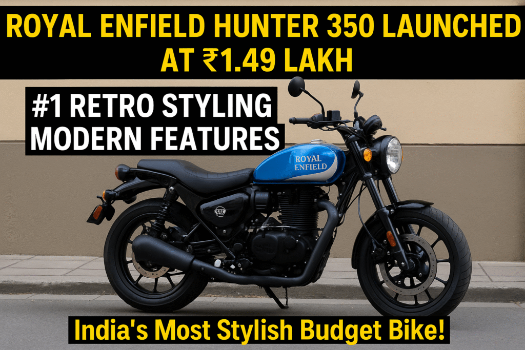 Royal Enfield Hunter 350 launched at ₹1.49 lakh with retro styling and modern features, blue fuel tank parked on urban street.