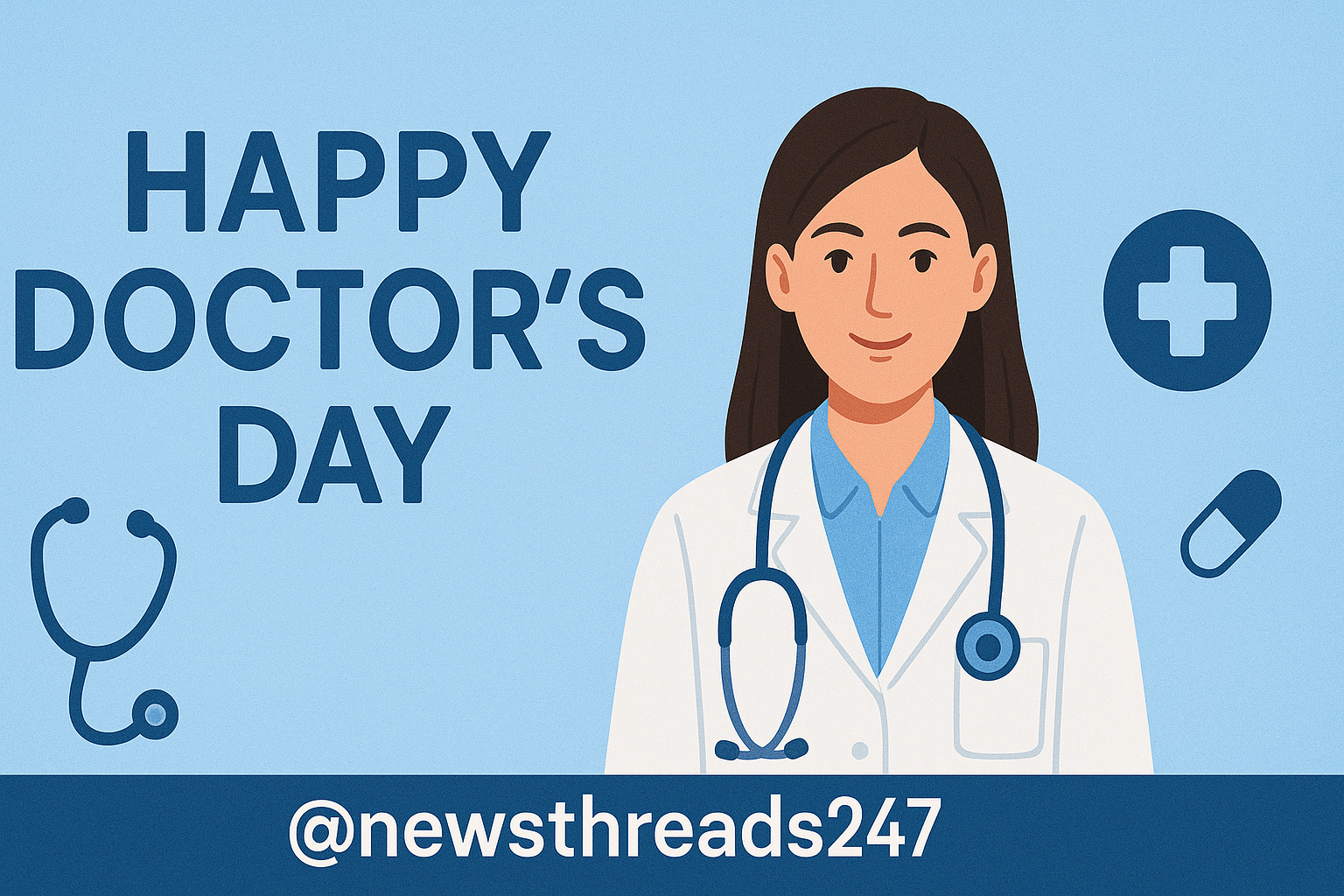 Female doctor illustration with Happy Doctor's Day 2025 message and healthcare icons on a light blue background