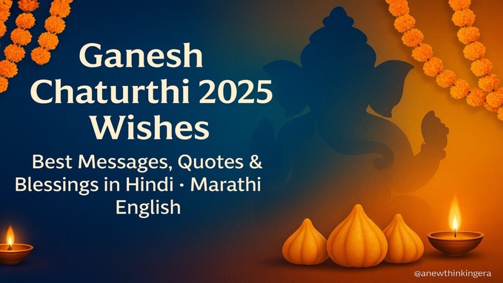 “Ganesh Chaturthi 2025 wishes banner with Ganesha silhouette, marigolds, diyas, and modaks—multilingual messages.”