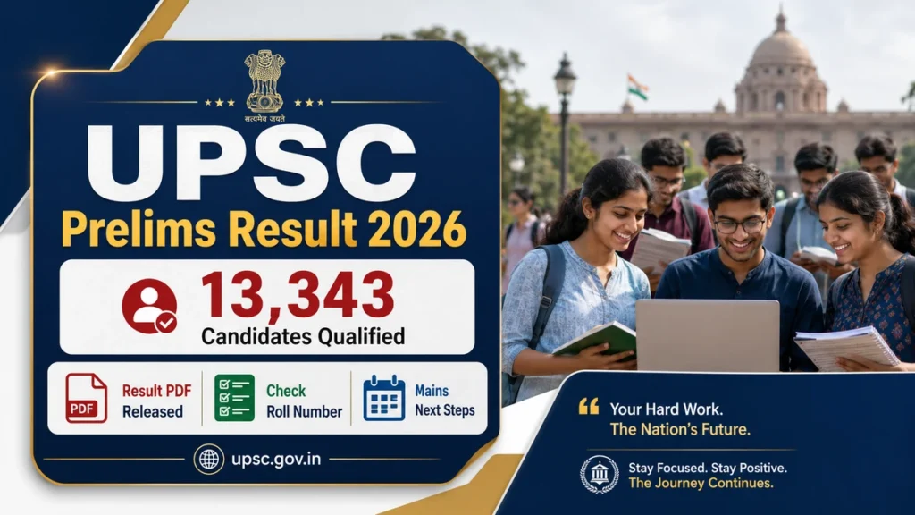 UPSC Prelims Result 2026 with aspirants checking roll number and Mains next steps