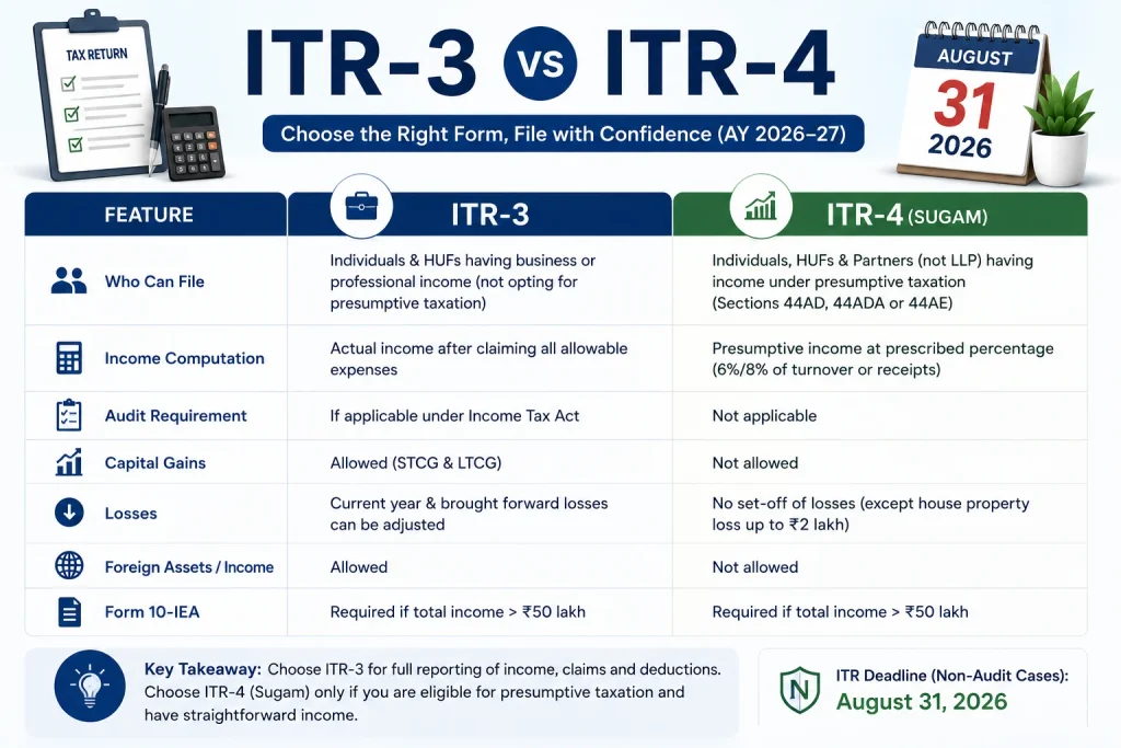 ITR-3 vs ITR-4 comparison for AY 2026-27 with eligibility and filing differences