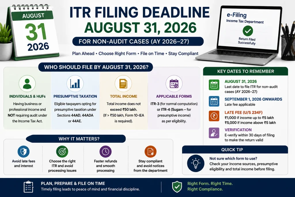 ITR filing deadline August 31 2026 for non-audit business and professional cases