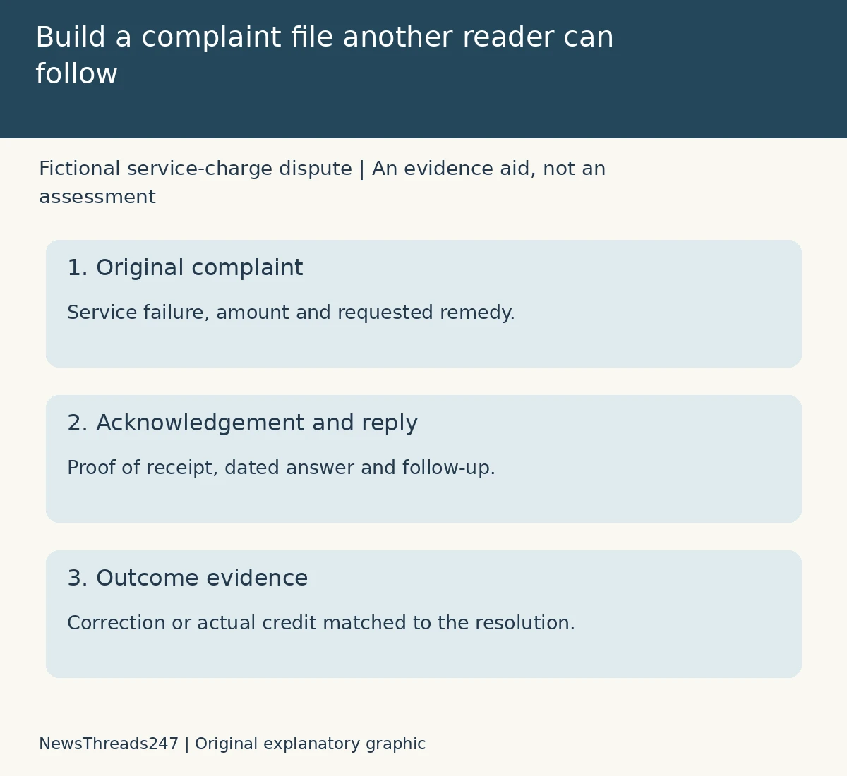 A fictional complaint file links the original complaint, acknowledgement and reply, and outcome evidence.