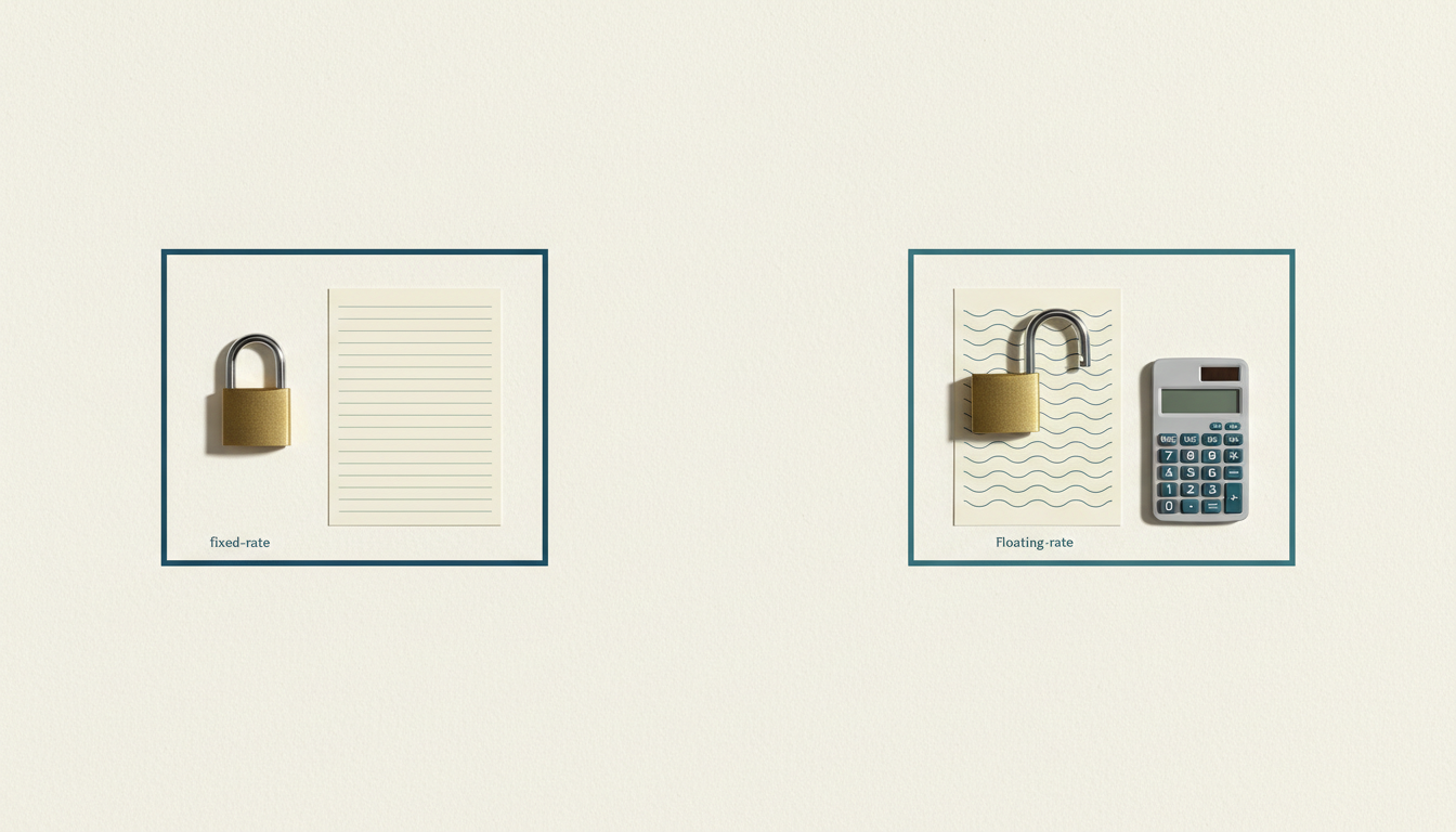 Fixed and floating rate loan concepts shown with padlocks and a calculator