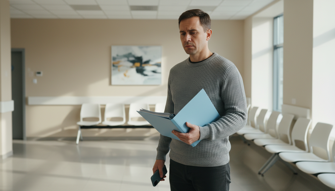 Companion checking hospital paperwork and a phone in a waiting area