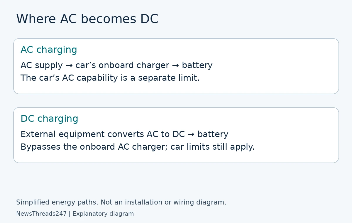 AC charging converts power inside the car; DC charging converts it externally.