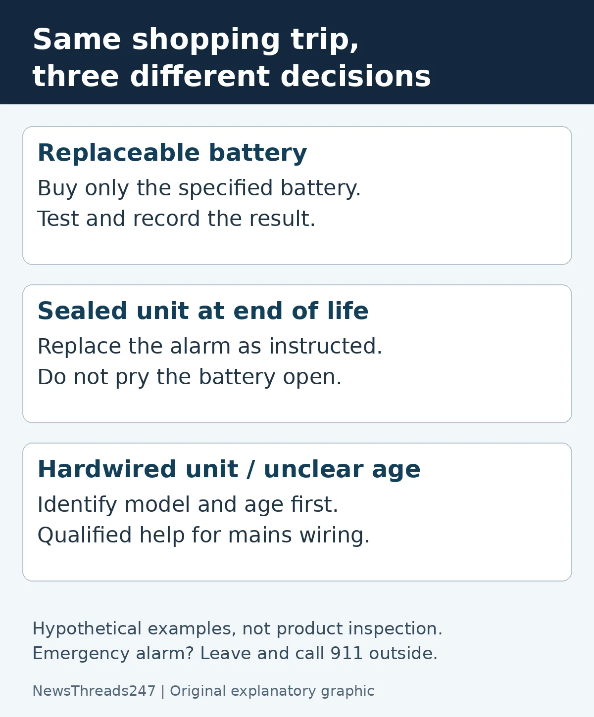 Different actions for replaceable batteries, sealed alarms at end of life and hardwired alarms