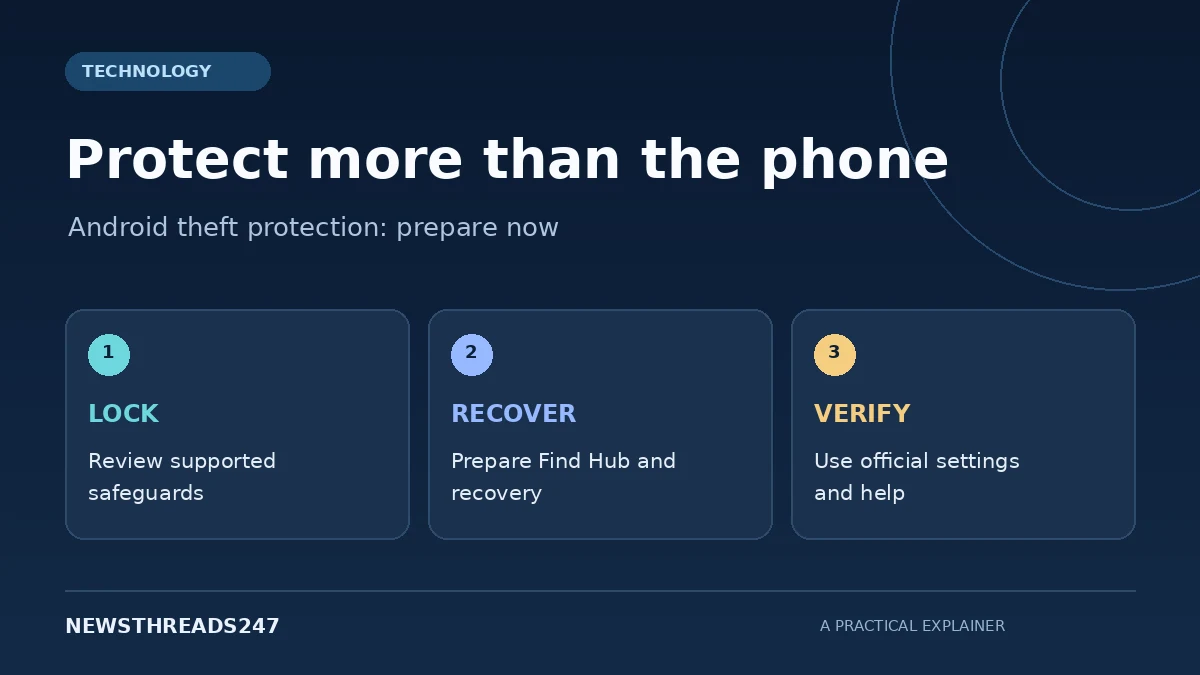 Android security graphic covering supported locks, account recovery and official settings.