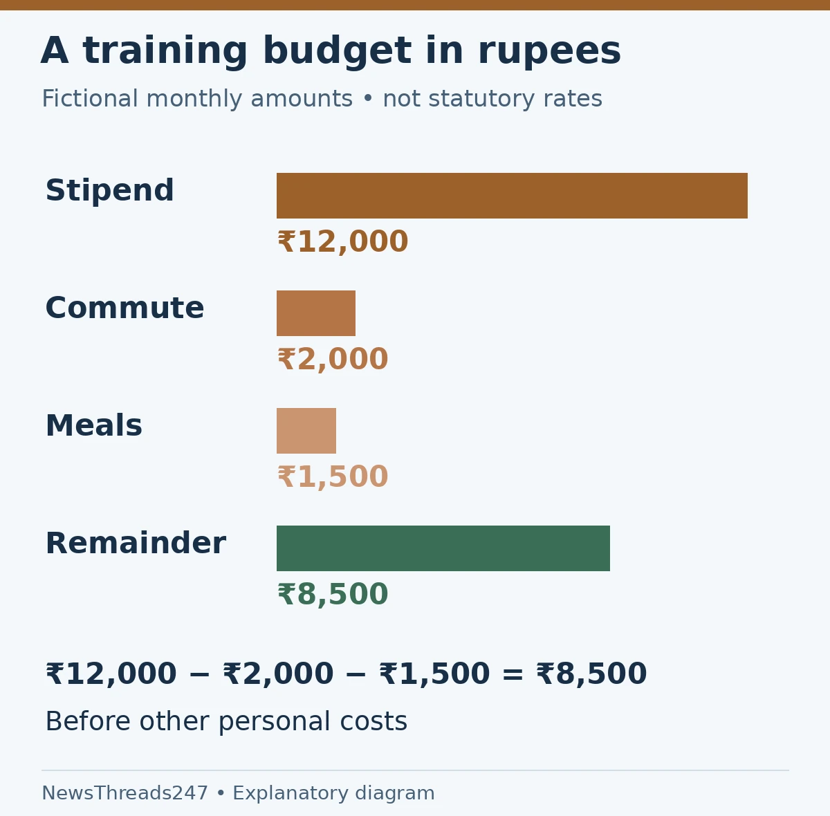 Fictional monthly budget bar chart: stipend 12000 rupees, commuting 2000, meals 1500 and remainder 8500 before other personal costs.