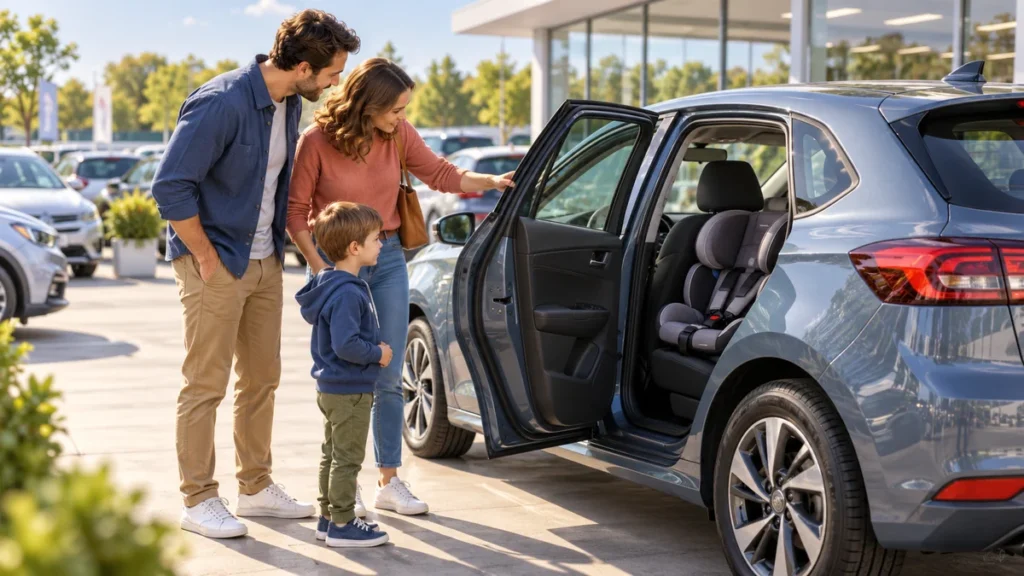 Family considering a car and child-seat space. AI-generated editorial illustration.