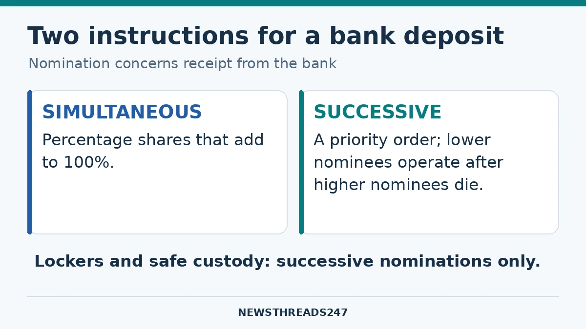 Bank deposits allow percentage-based simultaneous nominations or a successive priority order; lockers permit successive nominations.