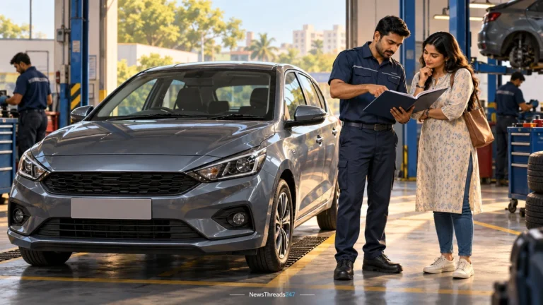 A car owner and service adviser checking a folder beside an unbranded hatchback. AI-generated editorial illustration.