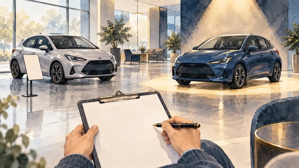 Generic showroom comparison, AI-generated conceptual illustration; no named vehicle depicted.