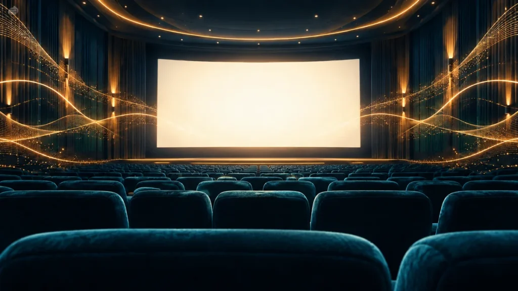 Conceptual empty cinema with a blank screen and illustrated sound ribbons.