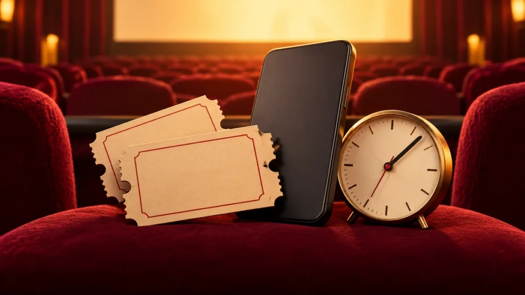 Conceptual illustration of blank cinema tickets, a phone and a clock.