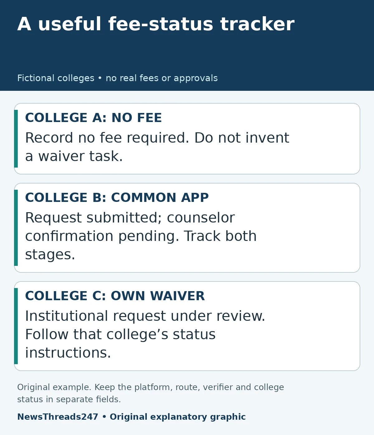 Fictional three-college fee-waiver status tracker