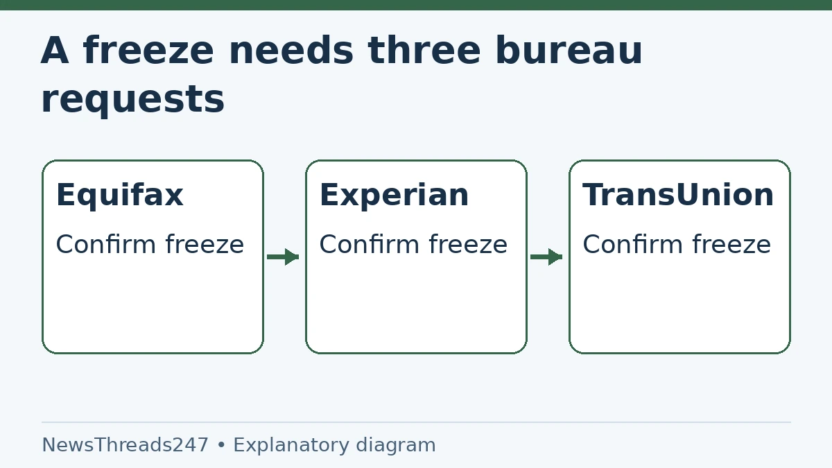 US security freezes are requested separately at Equifax, Experian and TransUnion; one confirmation is not all three.