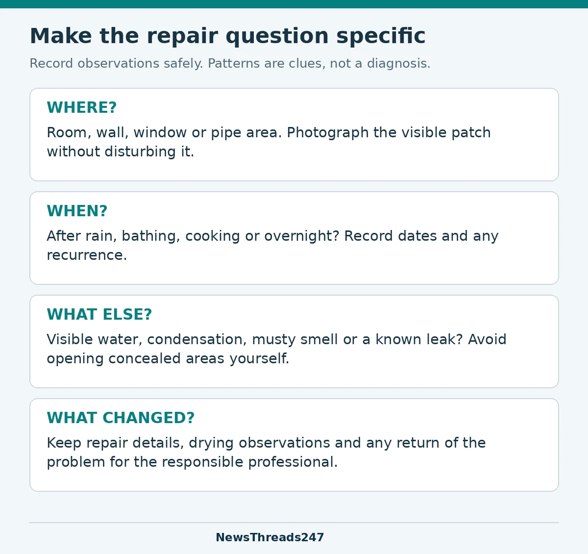 Observation log for a damp patch: location, timing, other visible clues and changes after repair.