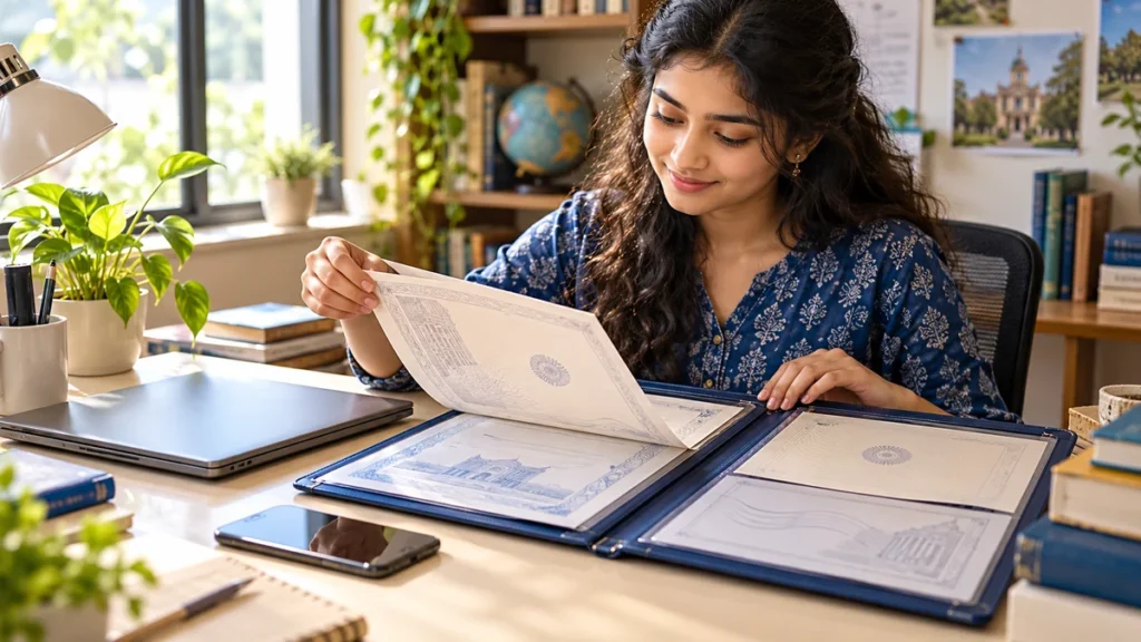 Student checking education records on a laptop. AI-generated editorial illustration.