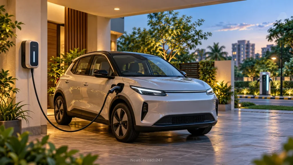 Conceptual illustration of an unbranded electric car connected to a home wallbox.