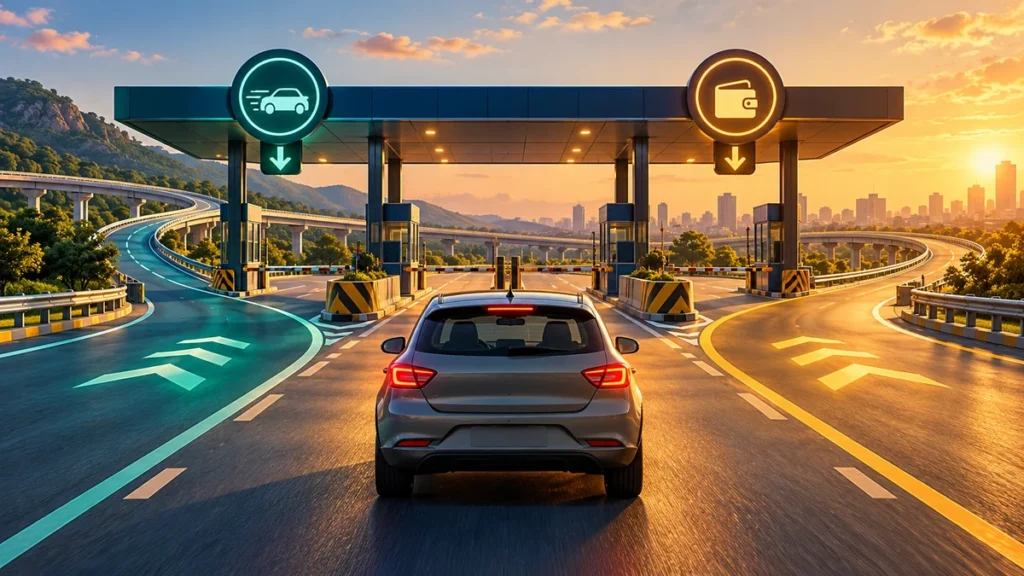 Conceptual car approaching toll lanes, illustrating separate pass and wallet checks