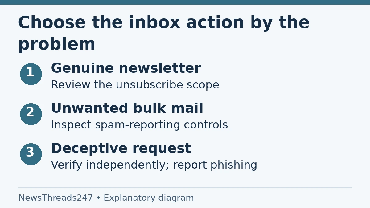 A genuine newsletter, unwanted bulk email and a deceptive account request call for different Gmail actions.