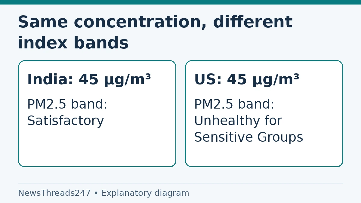 A hypothetical 24-hour PM2.5 concentration of 45 micrograms per cubic metre falls in different Indian and US AQI bands.