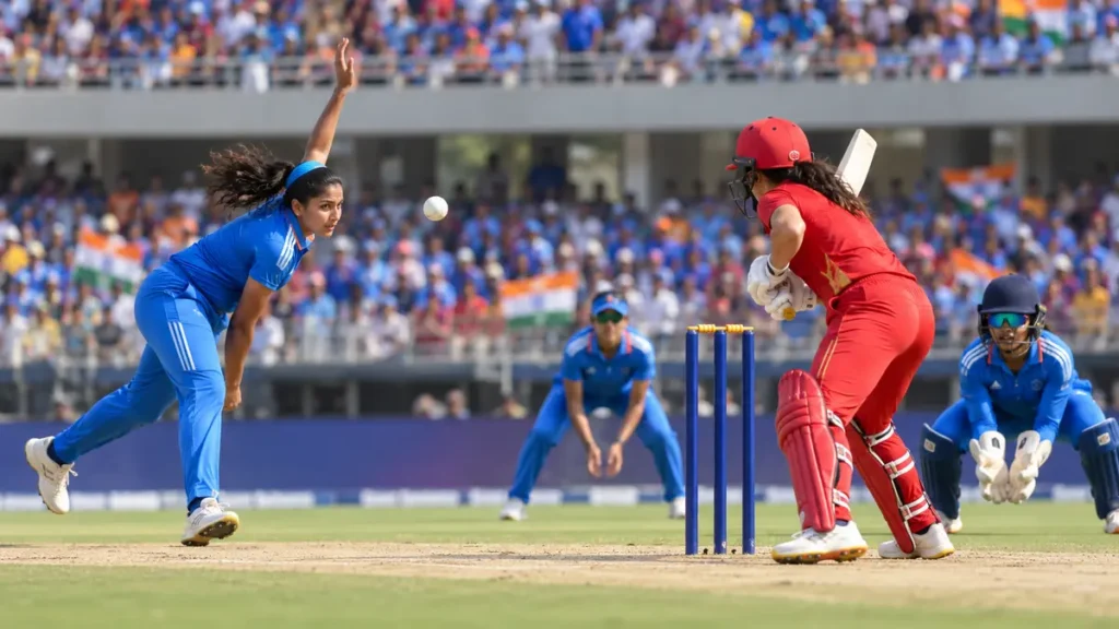 Conceptual women's cricket illustration with batter bowler and stumps