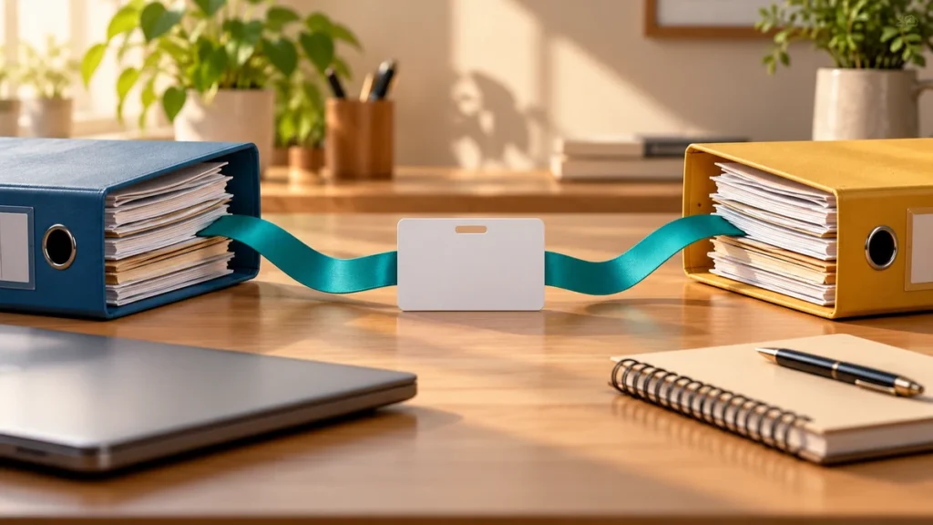 Two employment folders linked by one ribbon and a blank identity card. AI-generated editorial illustration.