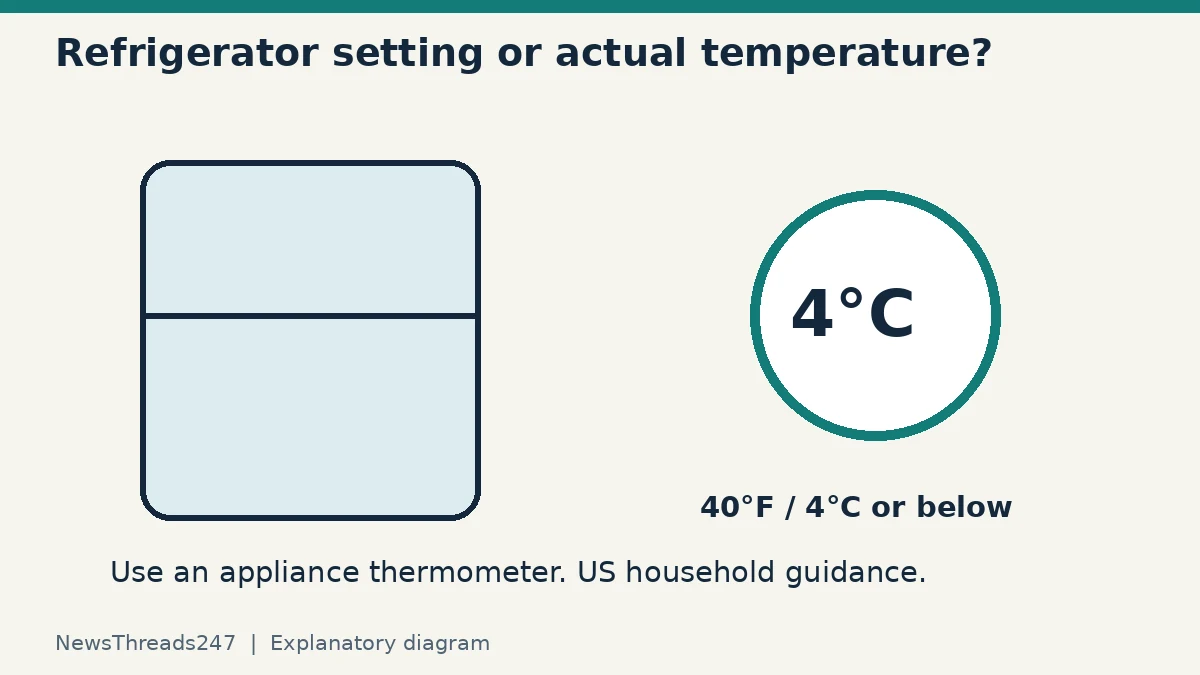 An appliance thermometer checks refrigerator temperature; US household guidance is 40°F, approximately 4°C, or below.