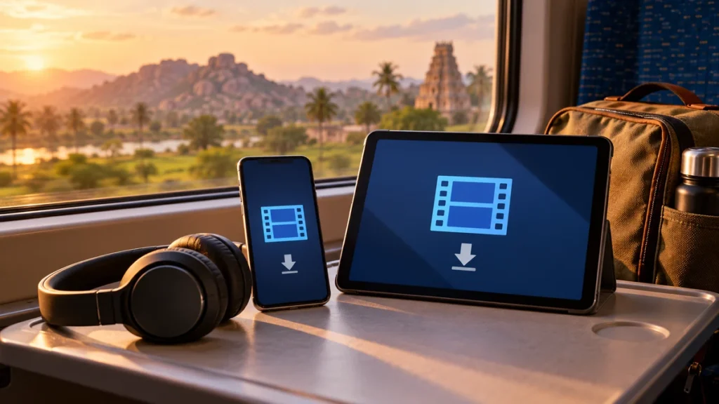 A phone and tablet with abstract download symbols on a train tray. AI-generated editorial illustration.