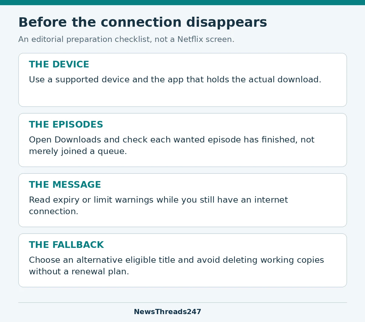 Pre-travel download checks for the device, completed episodes, warnings and an alternative title.
