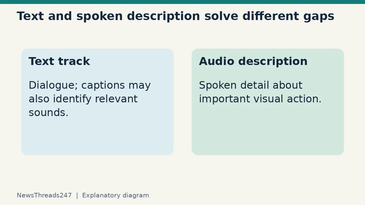 Text tracks and spoken audio description convey different information.