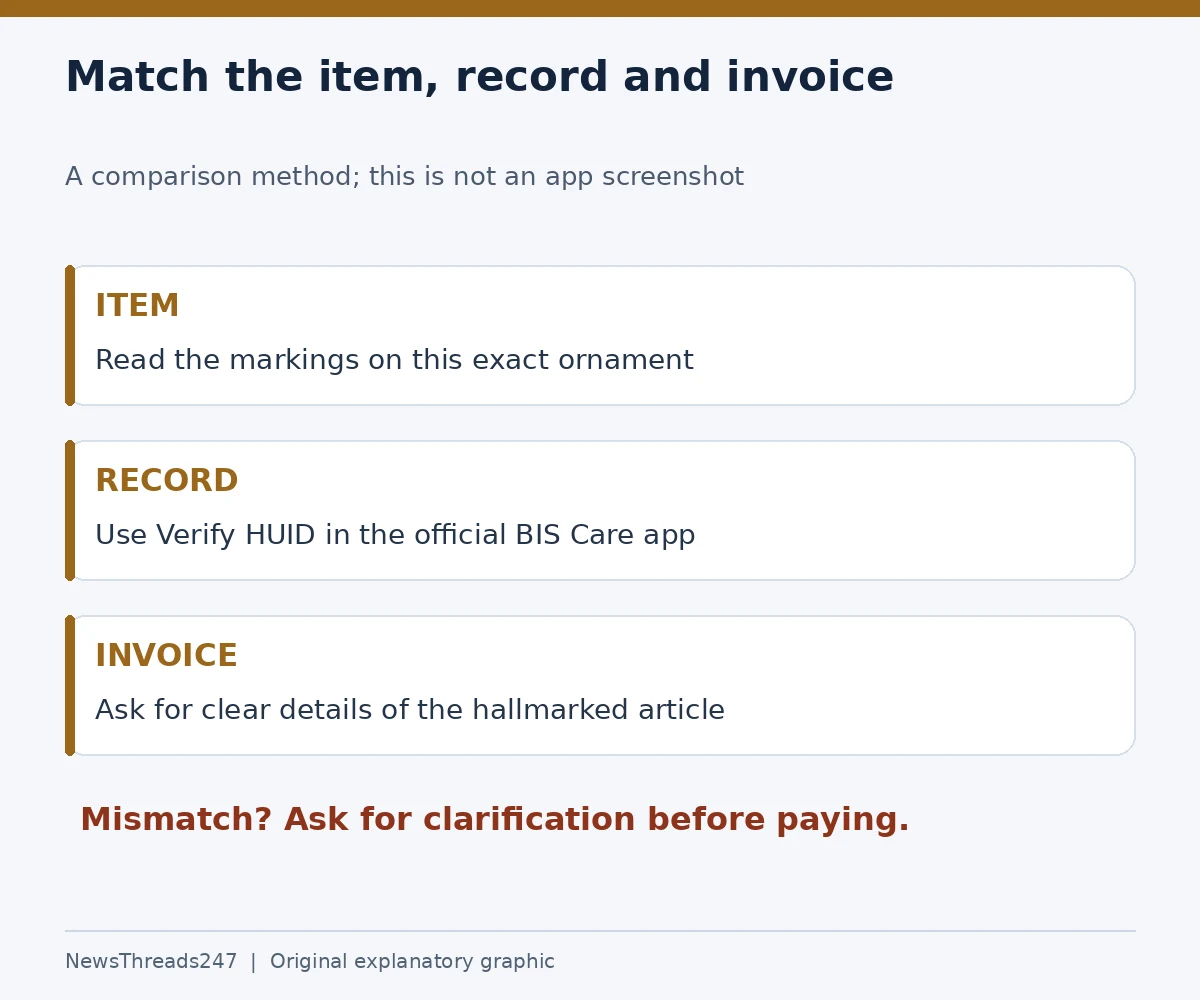 Compare the specific article, its HUID record and invoice details