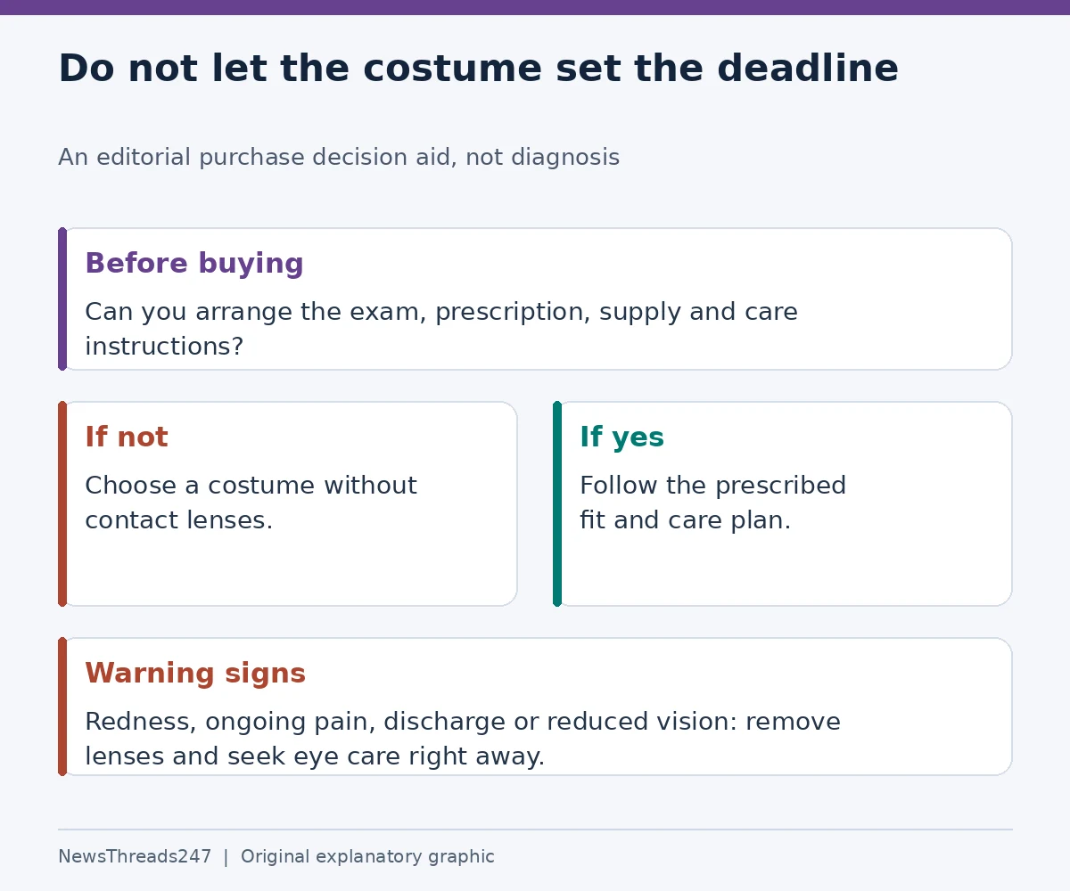 Choose a costume without lenses if the proper route cannot be arranged; seek prompt eye care for warning signs