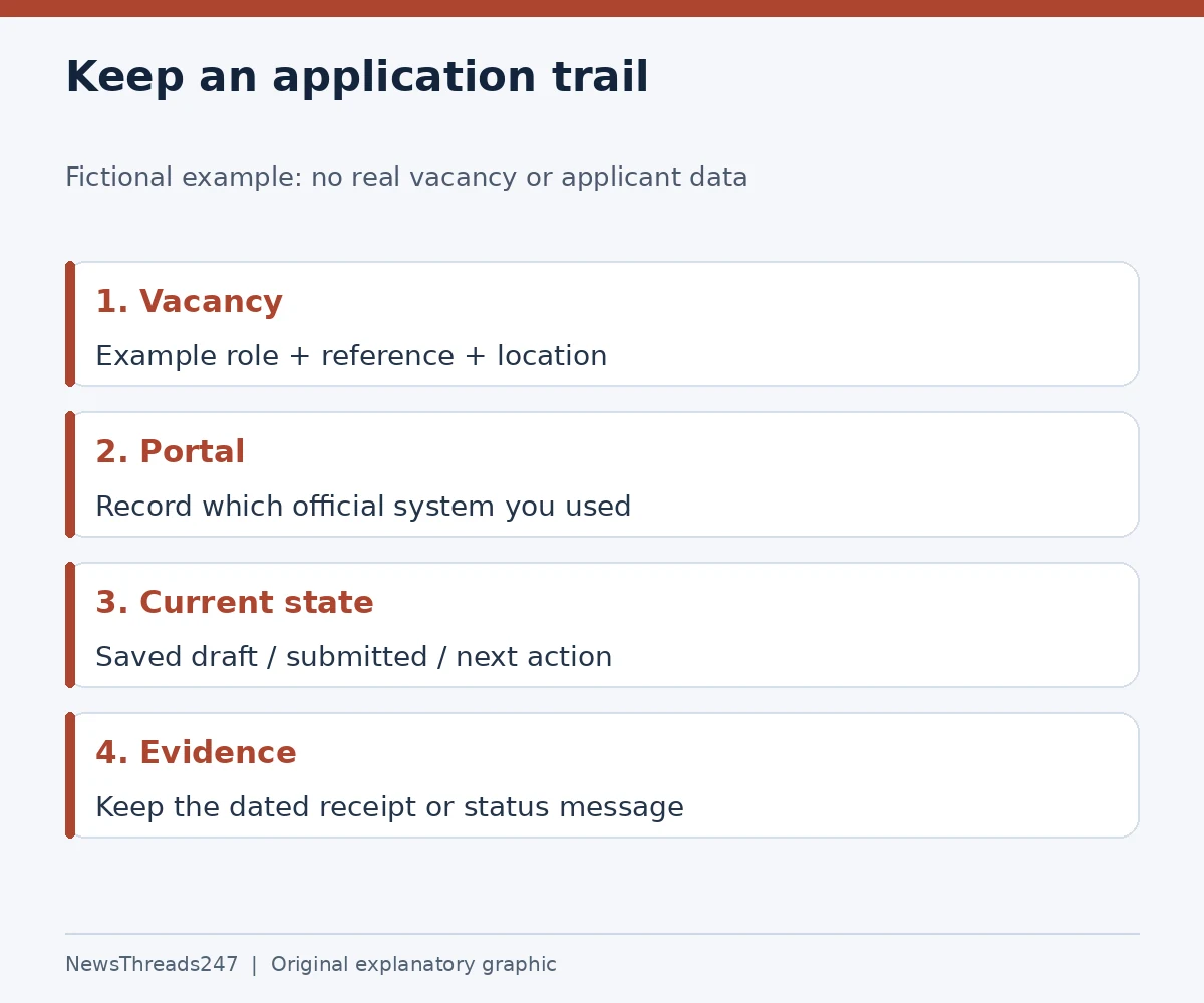 Four fields for tracking a vacancy, portal, state and submission evidence