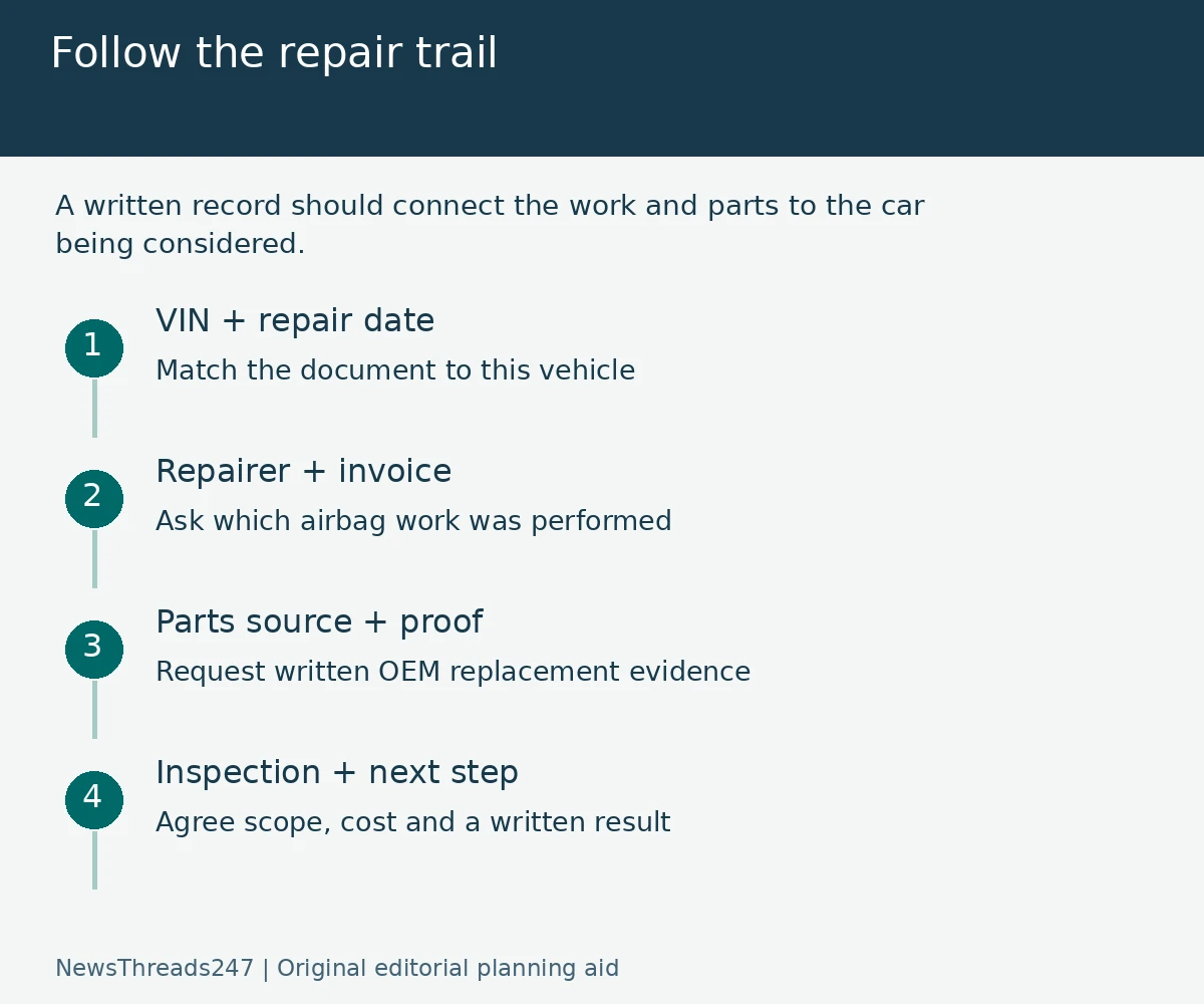 Four records connecting an airbag repair to a used car