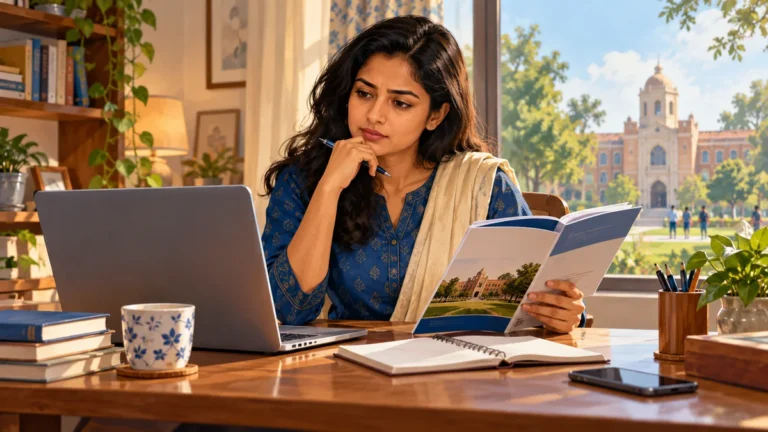 An adult learner comparing a prospectus and laptop. AI-generated editorial illustration.