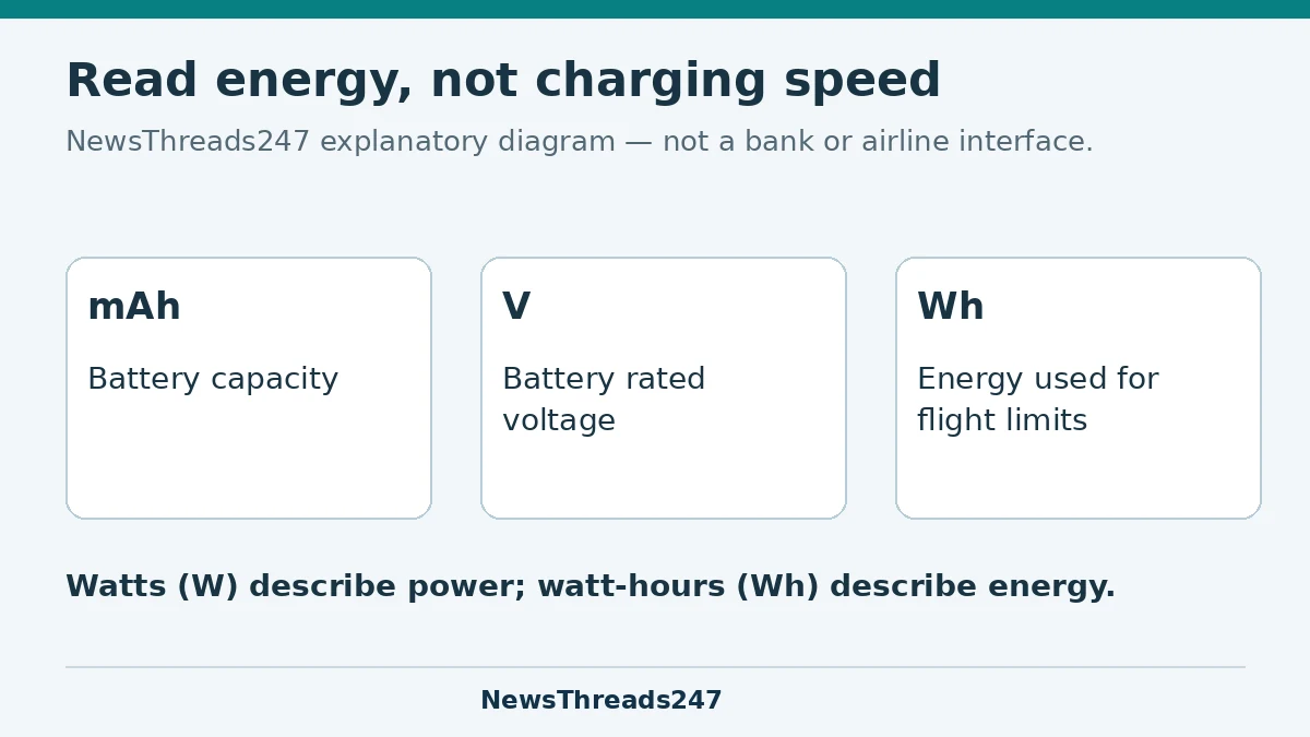 mAh, rated battery voltage and watt-hours describe different quantities; W is power, Wh is energy.