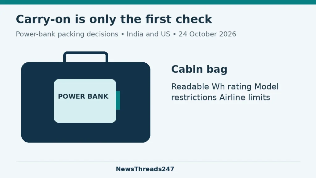 Cabin-bag and power-bank diagram highlighting energy rating, model restrictions and airline limits.
