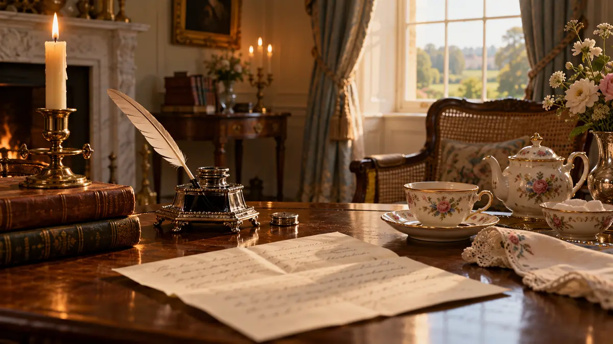 A Regency-era writing desk with letters and teacup