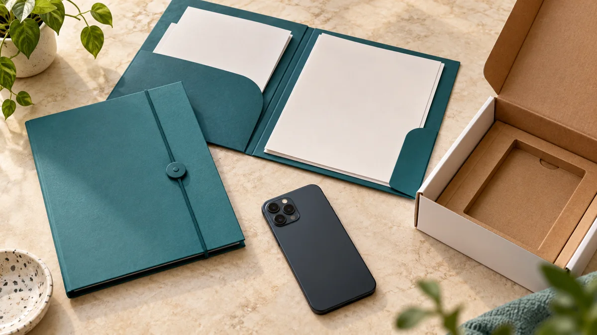 Phone beside document folders and an empty replacement-device tray
