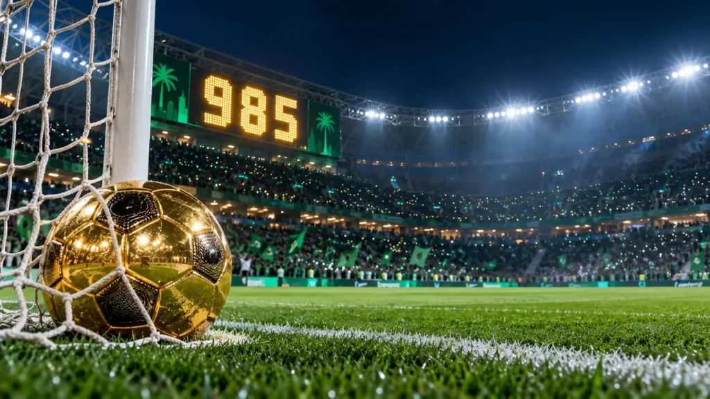 Conceptual stadium illustration with a golden football and the number 985 on a scoreboard
