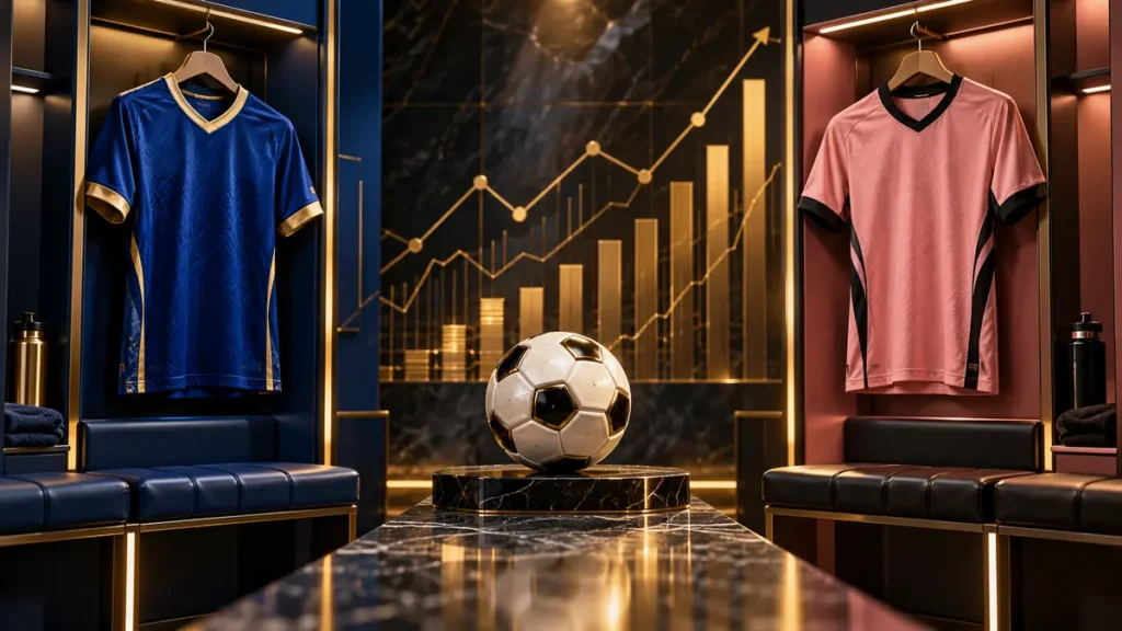 Two generic football jerseys with a financial chart representing footballer earnings