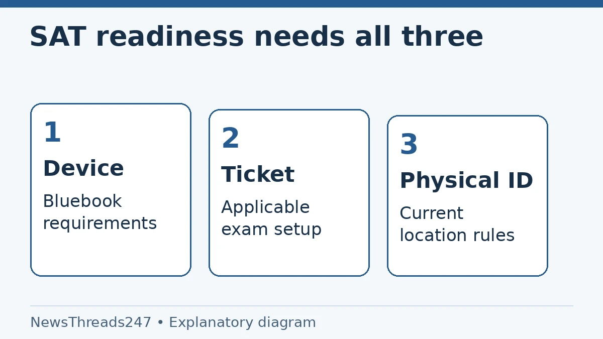 A suitable testing device, current admission ticket and accepted physical ID answer different SAT readiness questions.