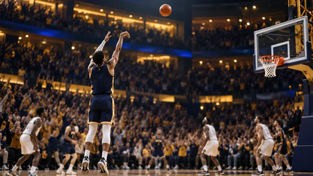 Conceptual basketball arena illustration of an anonymous player shooting a three-pointer