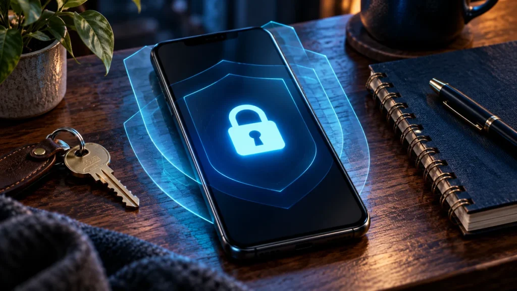 Person using a phone in a public setting. AI-generated editorial illustration.