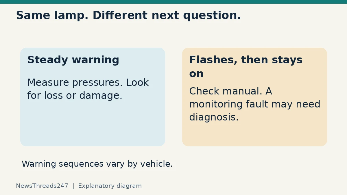 A steady low-pressure warning and a flashing-then-steady fault call for different checks; follow the vehicle manual.