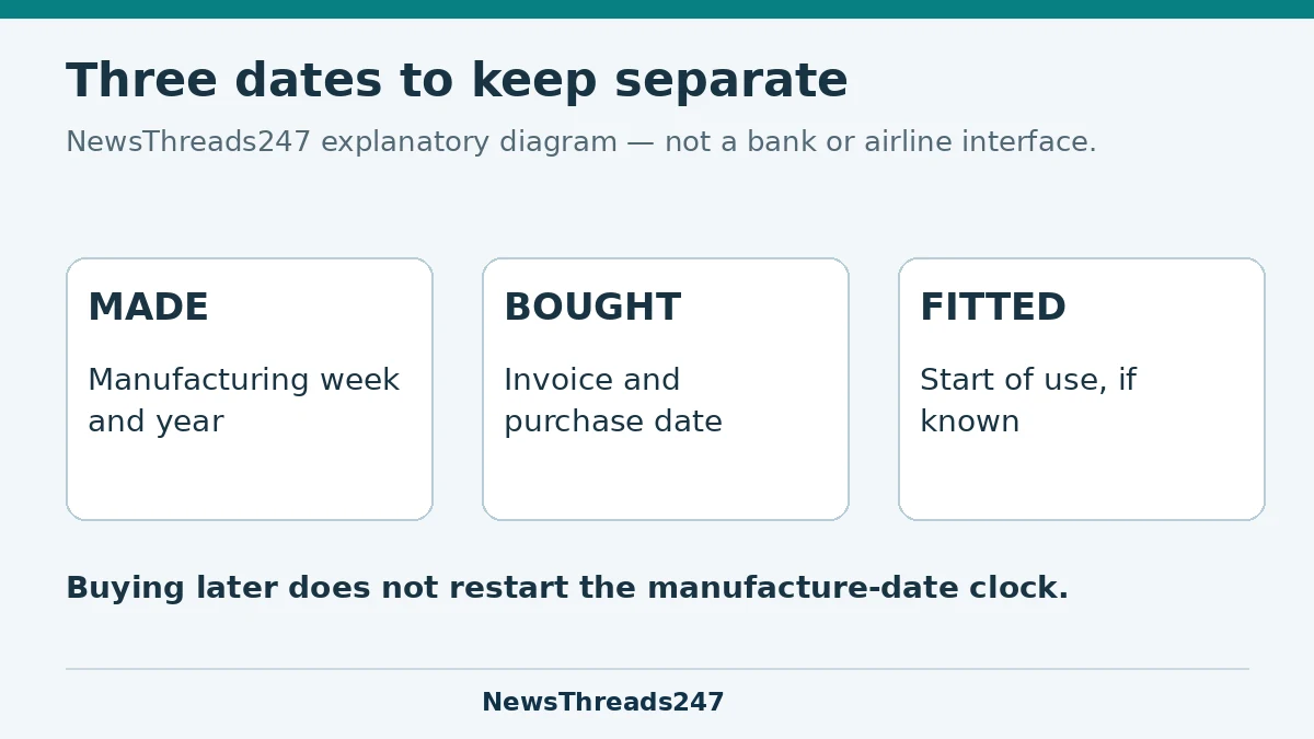 Manufacturing date, purchase date and fitting date answer different questions.