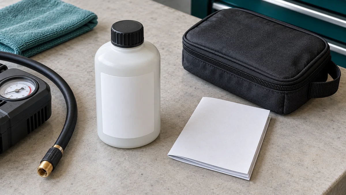 Sealant bottle, compressor and instruction booklet